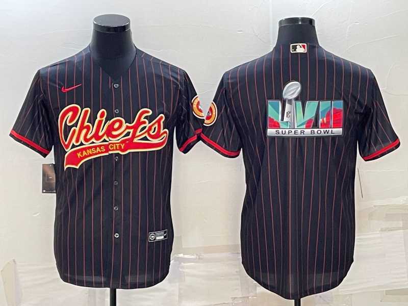 Men%27s Kansas City Chiefs Black With Super Bowl LVII Big Logo Cool Base Stitched Baseball Jersey